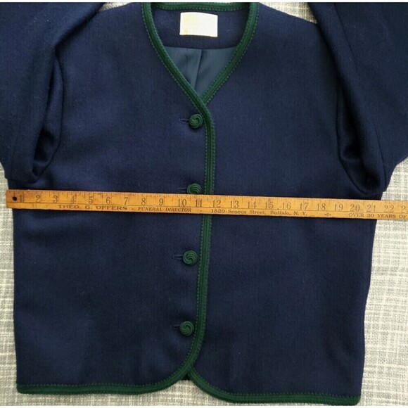 Vintage Pendleton 100% Wool Short Jacket Navy with Green Trim Blazer Size 12 - Picture 11 of 14